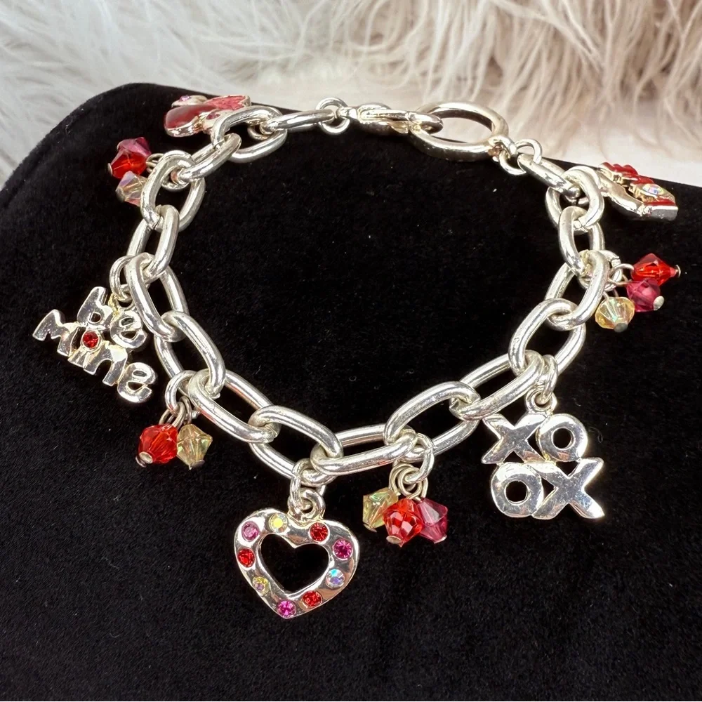Silvertone and red charm Valentine, be mine heart small costume bracelet